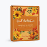  'Fall Collection' pop-up cards in a square orange box decorated with autumn watercolor illustrations of sunflowers, pumpkins, and fall leaves, shown on a light gray background.