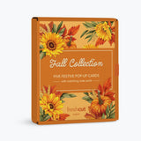  'Fall Collection' pop-up cards in a square orange box decorated with autumn watercolor illustrations of sunflowers, pumpkins, and fall leaves, shown on a light gray background.
