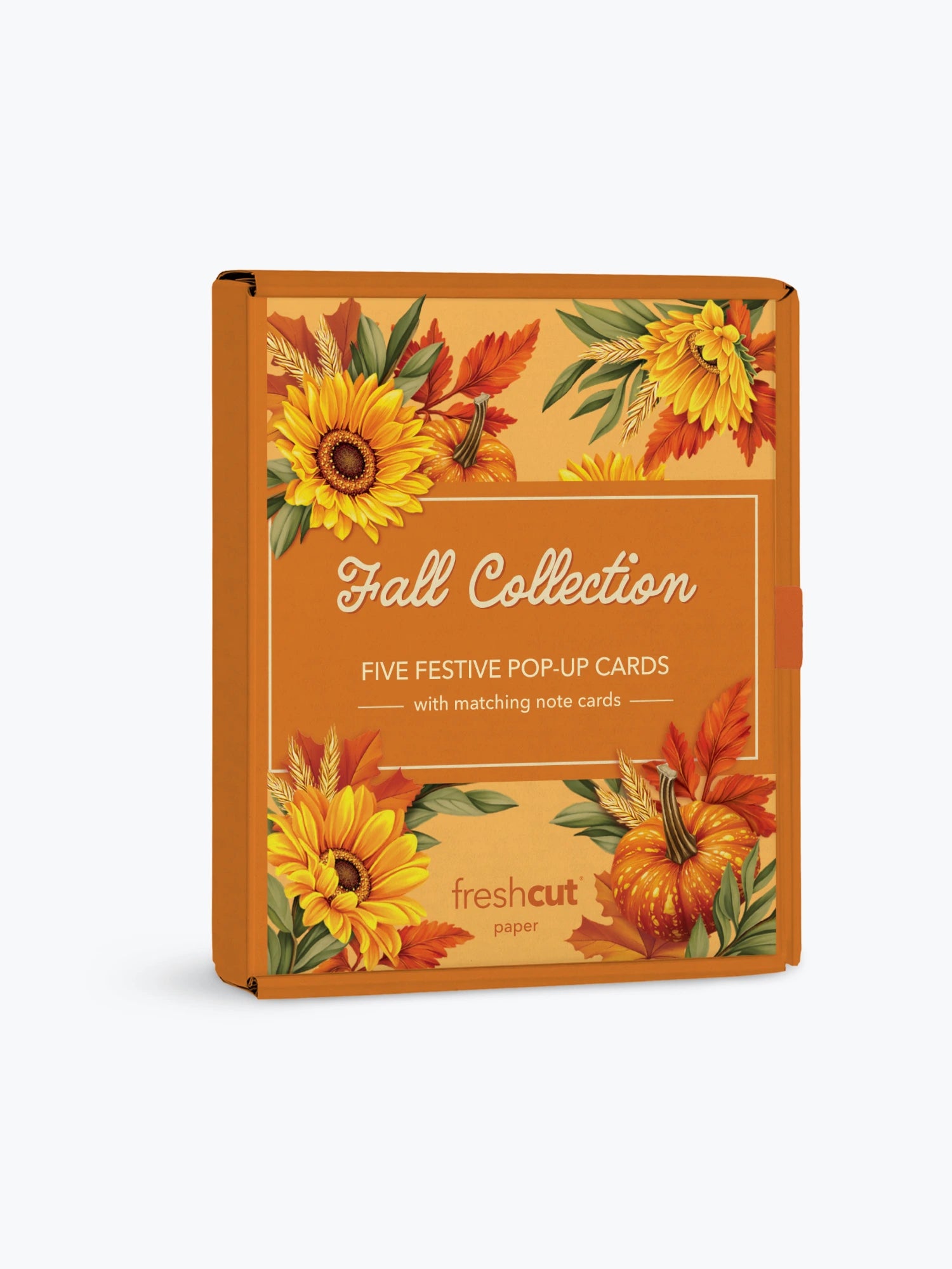  'Fall Collection' pop-up cards in a square orange box decorated with autumn watercolor illustrations of sunflowers, pumpkins, and fall leaves, shown on a light gray background.