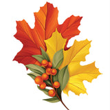 A cluster of autumn leaves and berries on a white background, featuring red and orange maple leaves, a yellow leaf, green leaves, and small orange berries.