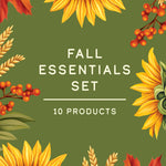 A square promotional graphic for a 'Fall Essentials Set' featuring 10 products. The design has a dark olive green background decorated with watercolor-style autumn illustrations, including sunflowers, red maple leaves, wheat stalks, and clusters of red berries.