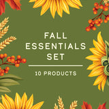 A square promotional graphic for a 'Fall Essentials Set' featuring 10 products. The design has a dark olive green background decorated with watercolor-style autumn illustrations, including sunflowers, red maple leaves, wheat stalks, and clusters of red berries.