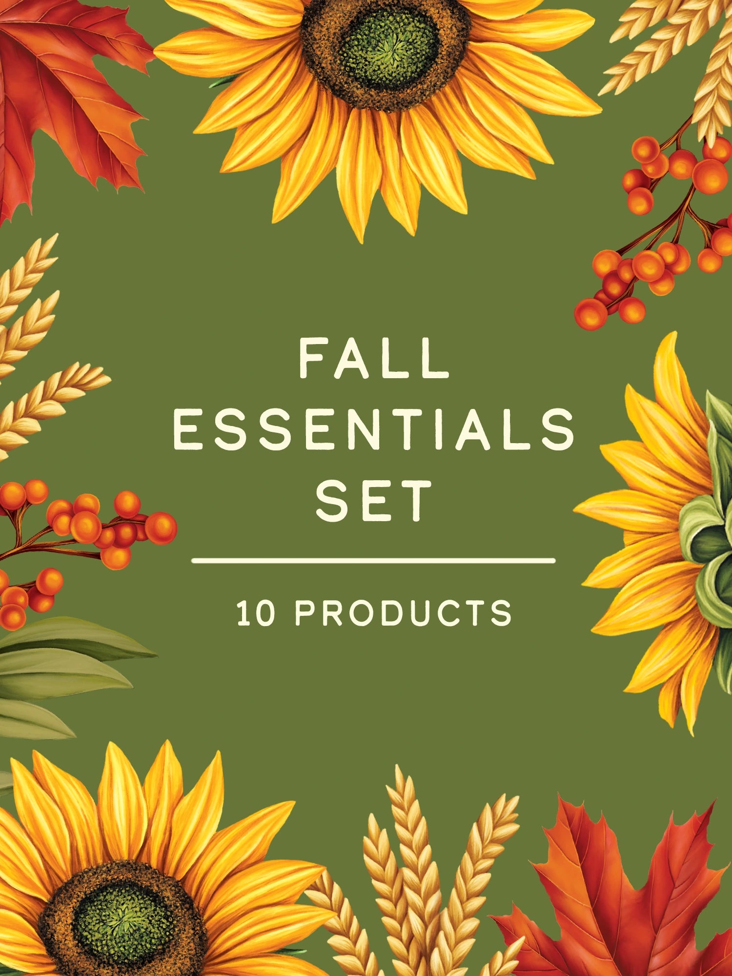 A square promotional graphic for a 'Fall Essentials Set' featuring 10 products. The design has a dark olive green background decorated with watercolor-style autumn illustrations, including sunflowers, red maple leaves, wheat stalks, and clusters of red berries.