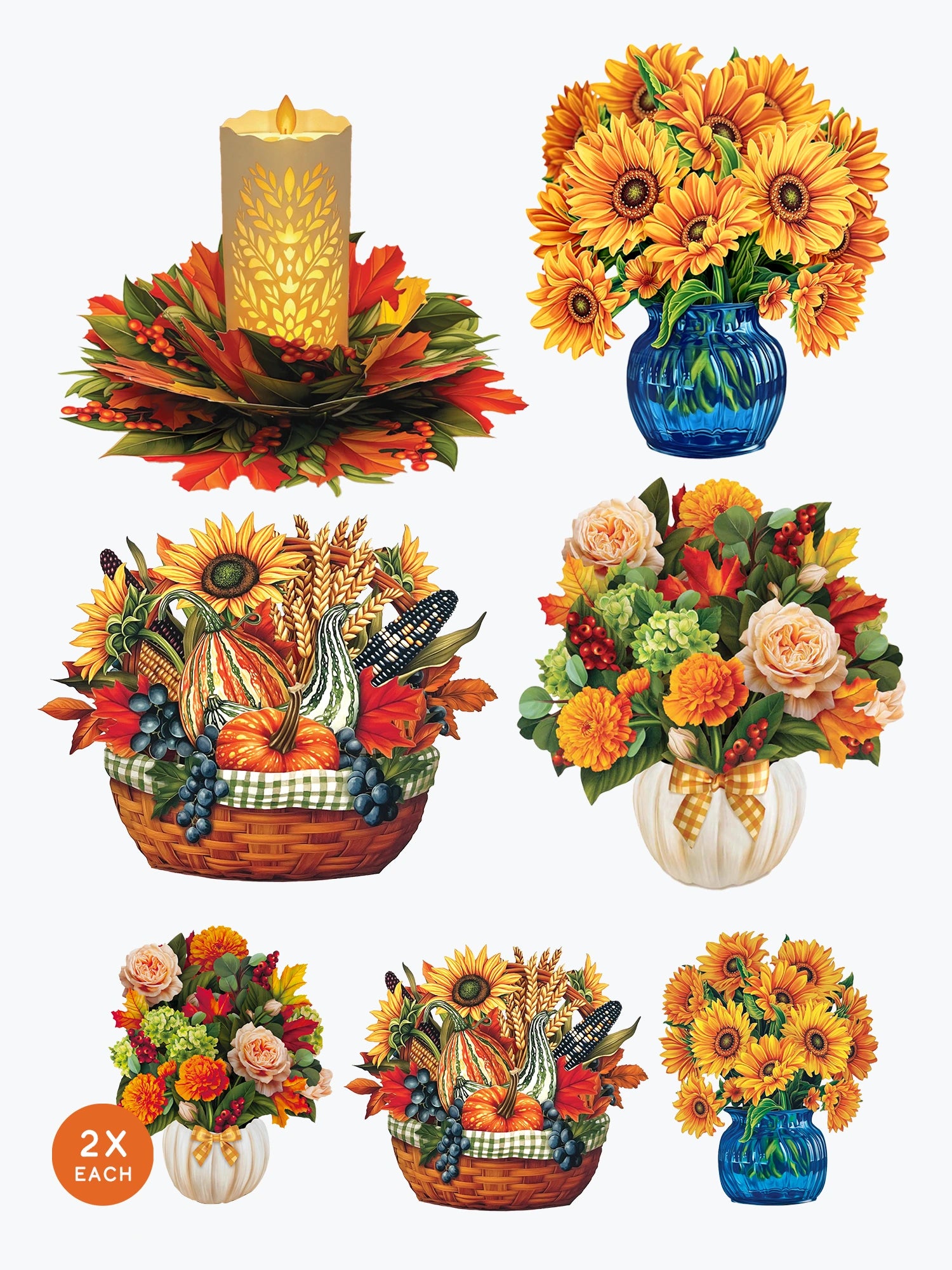 A set of autumn-themed decorative illustrations on a white background, including a glowing pillar candle in a floral base, sunflower bouquets in blue and white vases, a fall harvest basket with pumpkins, grapes, and wheat, and smaller floral arrangements. A small orange circle at bottom left reads '2X EACH'.