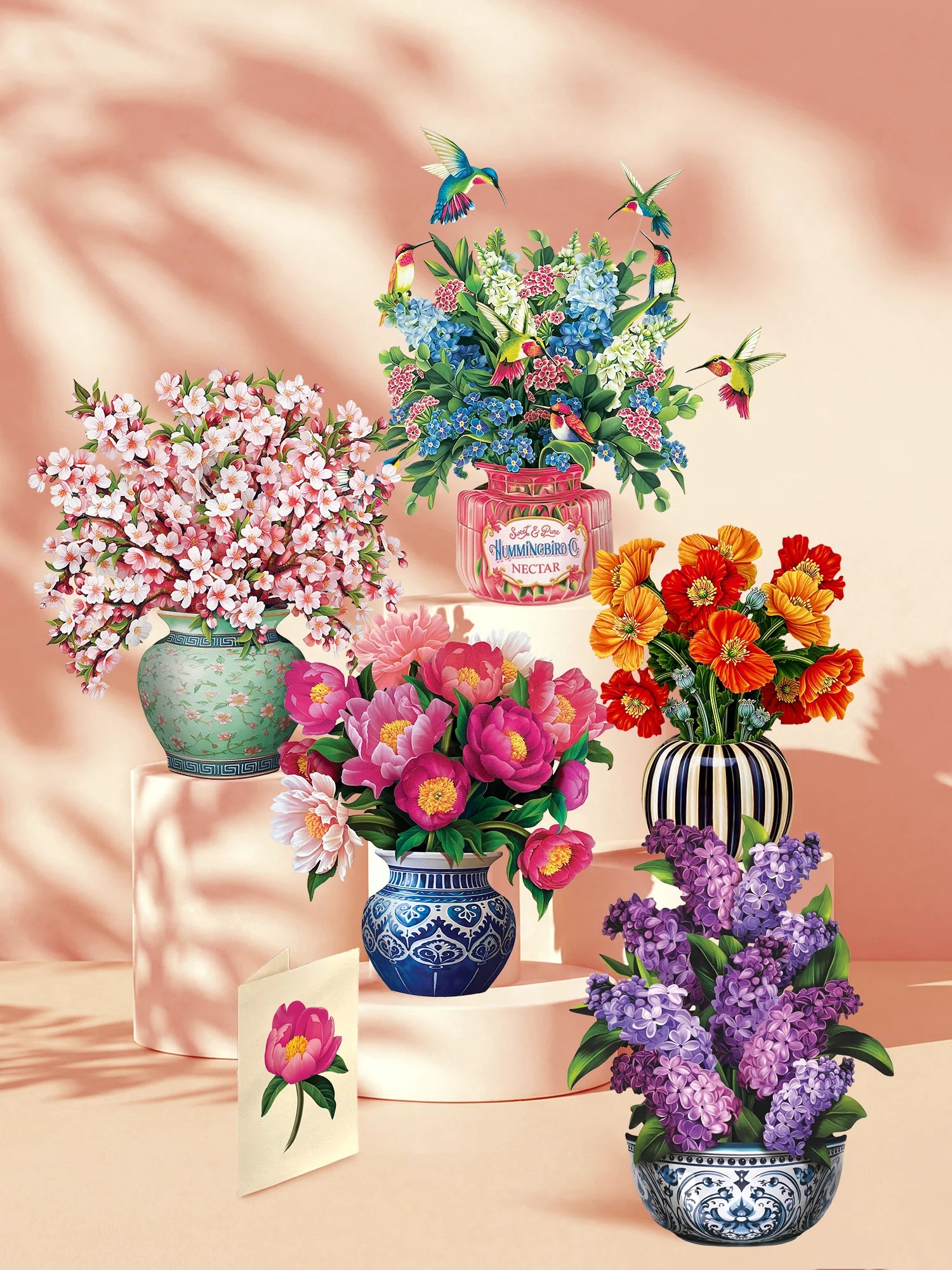 Garden Party Set displaying the five included pop-up flower bouquet designs with matching notecards.