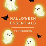 Halloween-themed graphic with the words 'HALLOWEEN ESSENTIALS' and '10 PRODUCTS' on an orange background, surrounded by cute white cartoon ghosts and black bats.