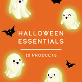 Halloween-themed graphic with the words 'HALLOWEEN ESSENTIALS' and '10 PRODUCTS' on an orange background, surrounded by cute white cartoon ghosts and black bats.