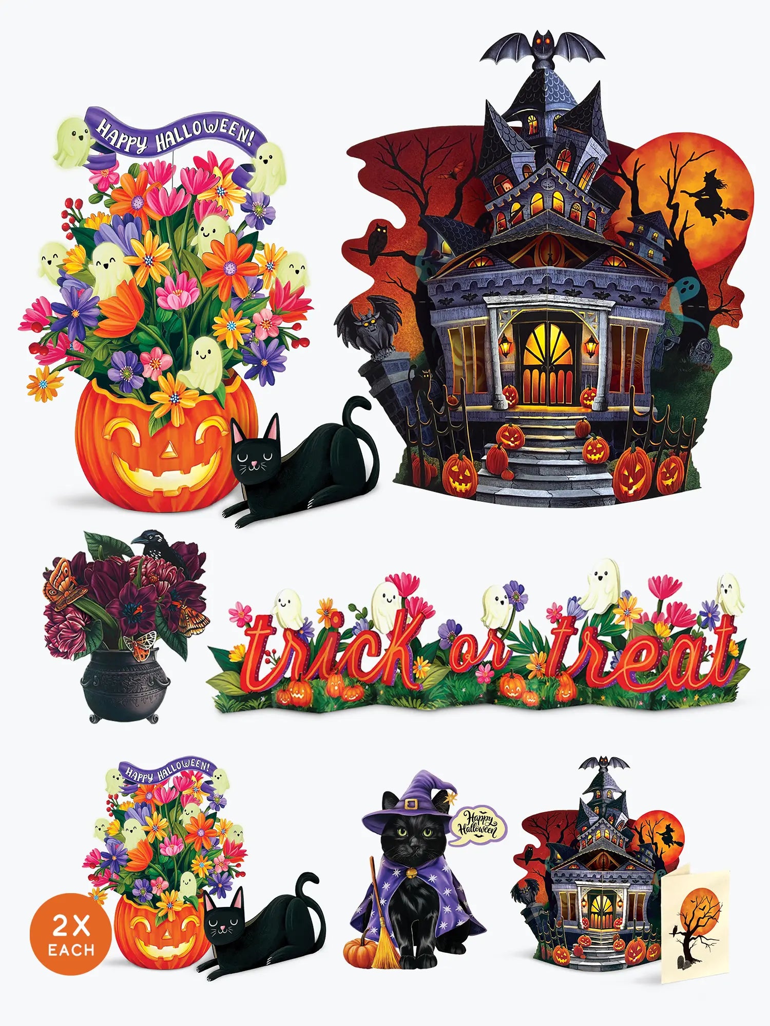 A set of Halloween-themed decorative cutouts and stickers on a plain white background, including a jack-o'-lantern flower arrangement with a black cat, a haunted house with bats and witch silhouette, a floral garland, a 'trick or treat' banner, a cauldron of dark flowers, a small witch figure, and another haunted house cutout.