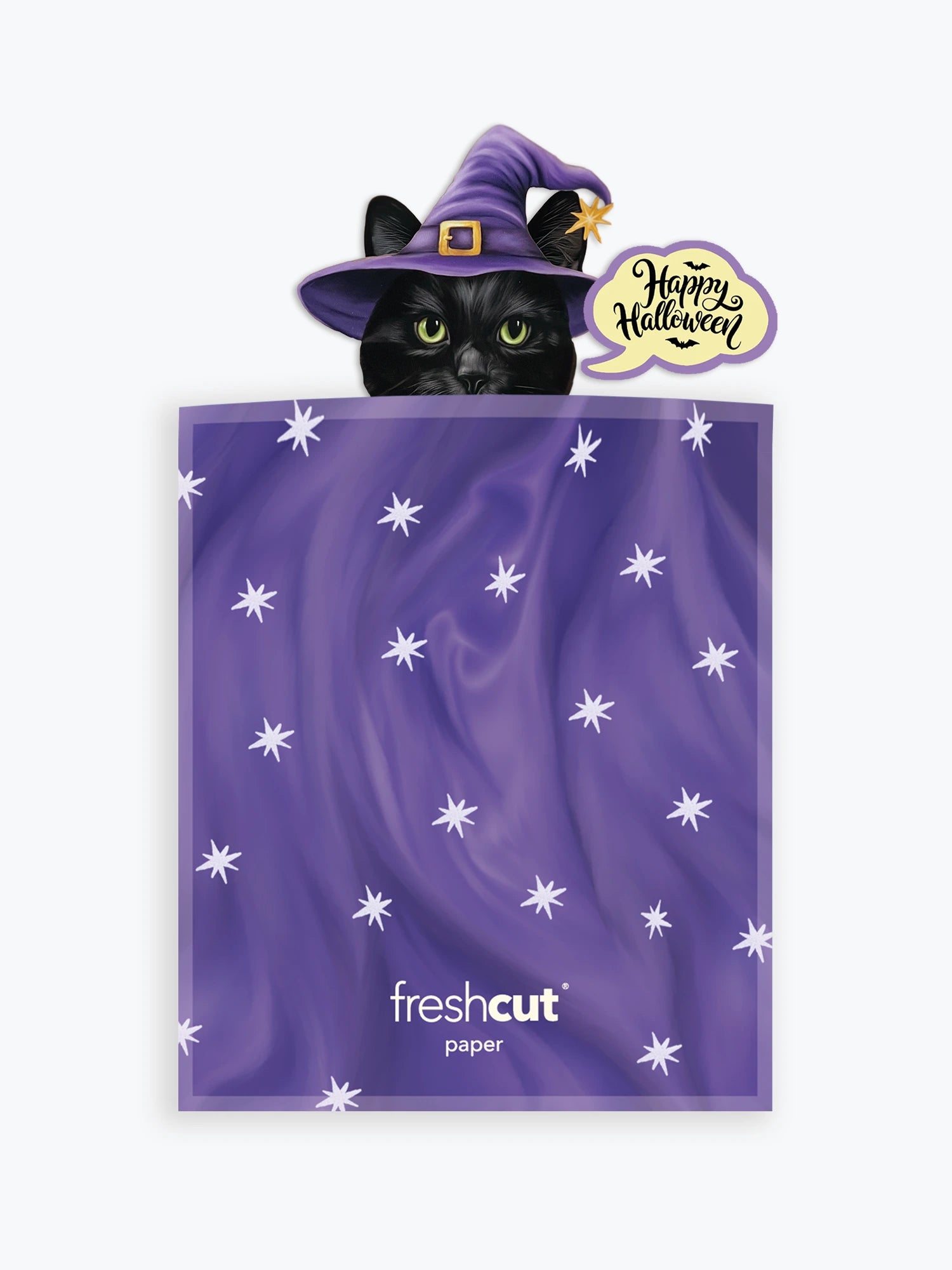 A purple Halloween-themed envelope with white star patterns, featuring a cartoon black cat in a purple witch hat peeking out above the top edge, with a 'Happy Halloween' speech bubble. The brand name 'freshcut paper' is printed near the bottom.