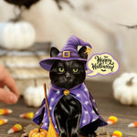 A black cat pop-up card dressed as a witch, wearing a purple pointed hat and matching purple cape with white star patterns, standing on a decorative gold base. A small broomstick rests beside it, and a speech-bubble decoration reads 'Happy Halloween.
