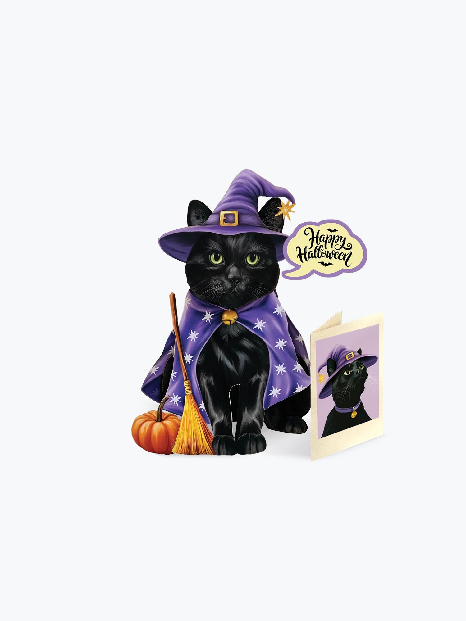 A black cat dressed as a witch wearing a purple hat and cape with white stars, standing beside a small orange pumpkin and broom. A speech bubble says 'Happy Halloween' and an open card shows the same illustration.