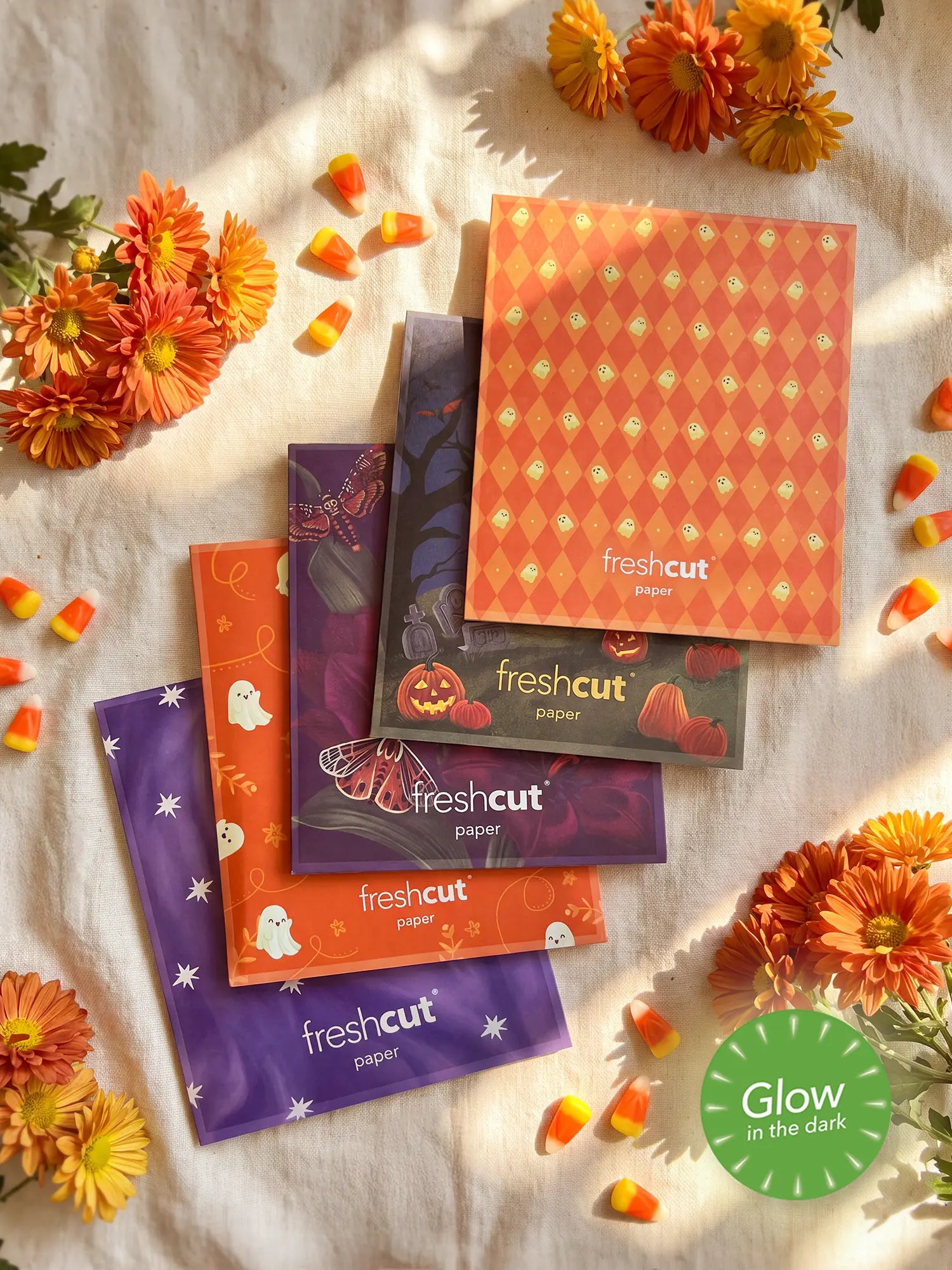 A styled flat-lay of branded envelope packaging of each mini with Halloween designs, arranged on a cream fabric background with orange flowers and candy corn.