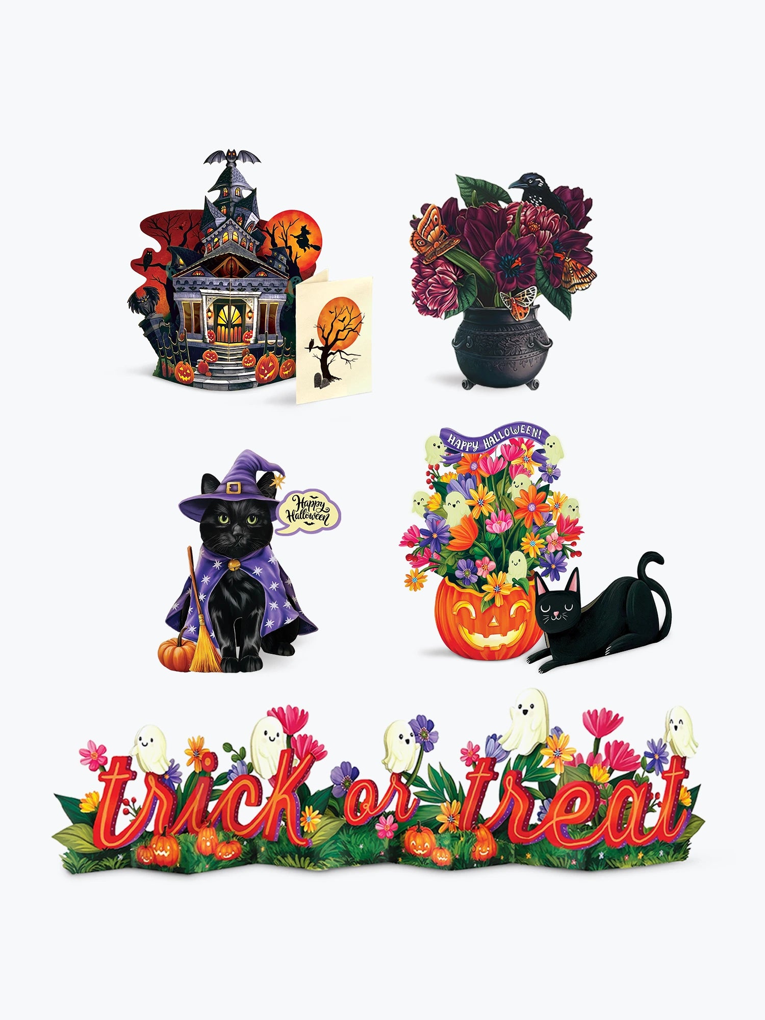 A set of five Halloween-themed decorative items arranged on a plain white background: a haunted house lantern, a black cauldron with dark flowers, a black cat figurine with a witch hat and broom, a jack-o'-lantern planter filled with multicolored flowers and a black cat, and a long garland reading “trick or treat” with ghosts and flowers.