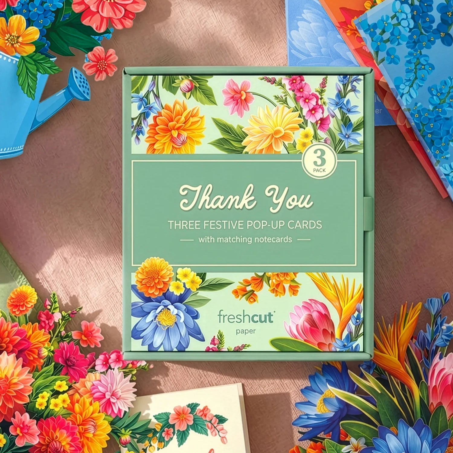 Thank You Trio boxed set featuring three mini pop-up bouquets with matching thank you cards and floral artwork on the packaging.