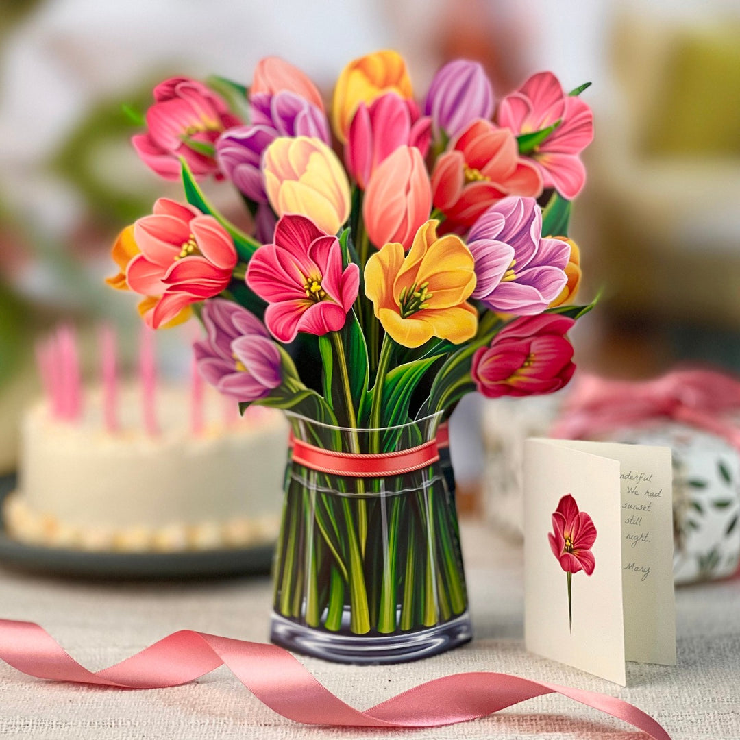 FreshCut Paper's 3D pop up Festive Tulips paper flower bouquet include a matching 2.75" x 8" note card so you may write your own personal message to your gift recipient.