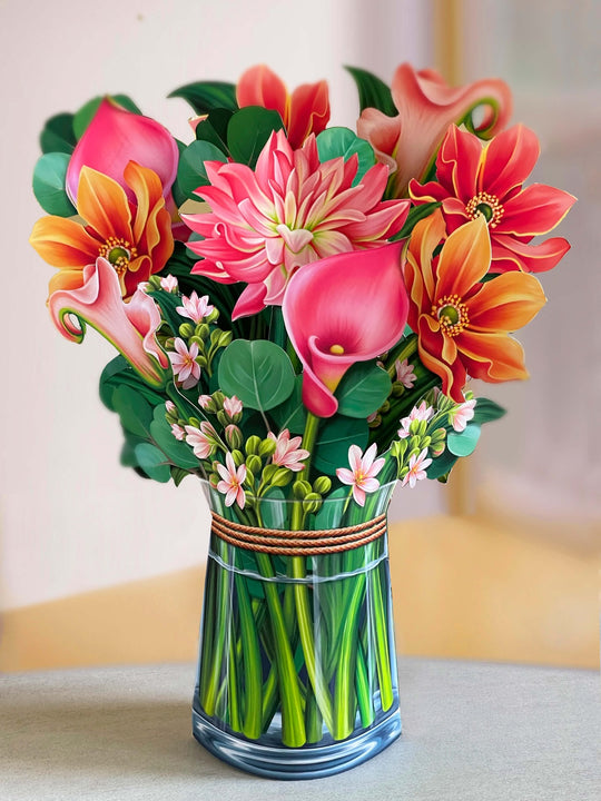 FreshCut Paper Dear Dahlia celebrates the season with a festive bouquet of pink and orange blossoms. Our pop up paper greeting cards are perfect for any occasion and are sure to make any recipient smile with glee upon opening. Our blooms never fade, never wilt and never require watering!
