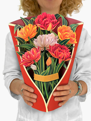 FreshCut Paper "Murillo Tulips" measure 12'' tall by 9" wide. Our 3D pop up flowers include paper vase, matching note card and festive mailing envelope.