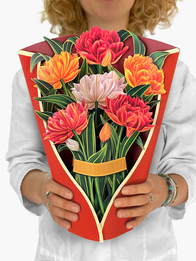 FreshCut Paper "Murillo Tulips" measure 12'' tall by 9" wide. Our 3D pop up flowers include paper vase, matching note card and festive mailing envelope.