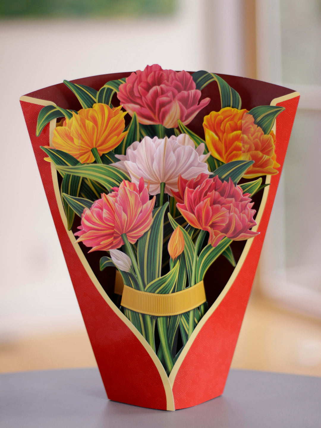 FreshCut Paper 3D pop up "Murillo Tulips" measure 12" tall by 9" wide. Our Murillo Tulips can stand alone or be used with the accompanying vase that comes with your bouquet. 