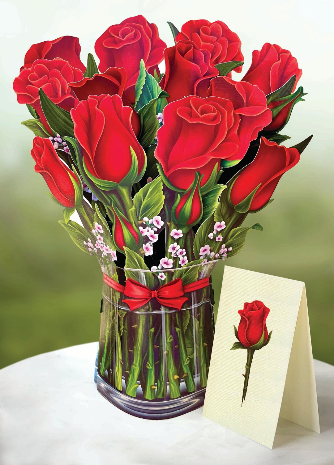 FreshCut Paper's 3D pop up Red Roses  include a matching 2.75" x 8" note card so you may write your own personal message to your gift recipient.