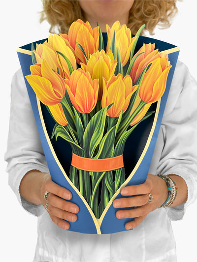 FreshCut Paper "Yellow Tulips" measure 12'' tall by 9" wide. Our stunning life sized, 3D pop up flowers include paper vase, matching note card and festive mailing envelope.
